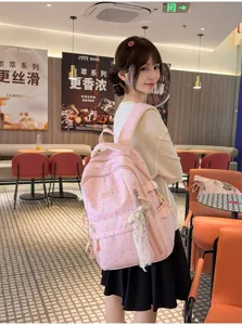 Pink cartoon print school backpack Japanese style sweet casual daypack lightweight travel bag