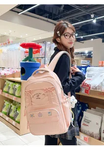 Zaino per studenti carino con fiocco rosa, zainetto casual leggero per scuola.