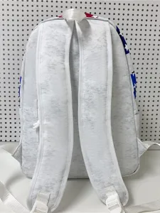 Lässiger amerikanischer Rucksack mit meliertem grauem Stoff und Sternenmuster, Rückansicht.