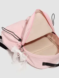Mochila rosa bonita con lazo de encaje blanco y perlas, ligera e ideal para uso diario.