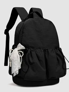 Mochila negra clásica con lindo lazo de encaje blanco y perlas, bolsa escolar ligera.
