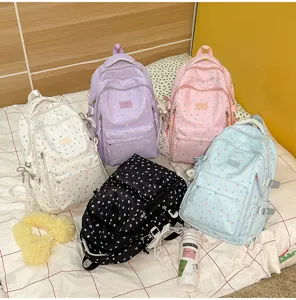 Cute cartoon printed canvas backpack for teenage girls, casual lightweight travel school bag.
