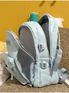 Cute light blue casual backpack with cute cartoon prints, multi-pocket school bag for girls