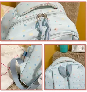 Light blue cartoon printed backpack detail, cute Japanese style casual travel school bag.
