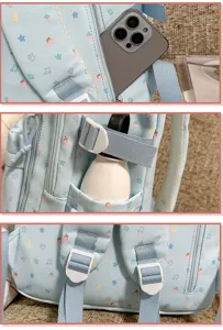 Backpack detail view showcasing practical phone pocket, side bottle holder and adjustable straps.