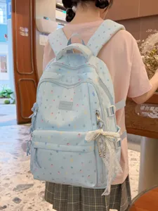 Japanese Style Cute Star Print Casual Backpack Sweet Girl Lightweight Travel School Book Bag With Bow Pendant