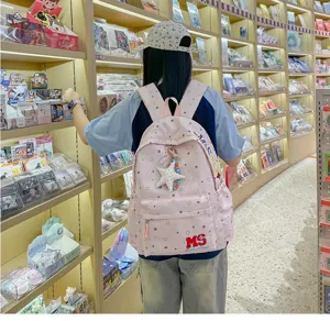 Sac à dos rose avec motif d'étoiles et pendentif mignon sac de voyage décontracté pour les étudiants