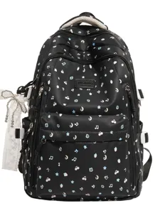 Black canvas backpack with cute star and moon print, casual school bag for daily travel.