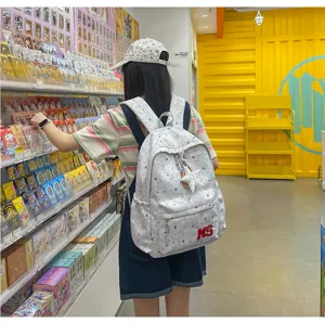 Sac à dos gris imprimé étoiles, cartable décontracté avec pendentif étoile, sac de voyage.