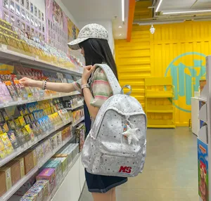 Sac à dos gris imprimé étoiles en toile sac de loisirs mignon pour école voyage quotidien