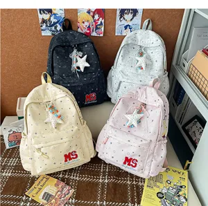 Detail sac à dos toile, joli imprimé motif étoiles, nouveau style casual étudiant quotidien.