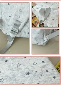 Vue détaillée du sac à dos gris décontracté avec motif d'étoiles, bretelles réglables et tissu.