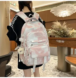 Zaino scolastico tie-dye rosa per ragazze adolescenti, borsa casual multi-tasche per libri.
