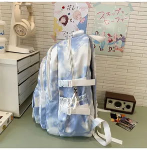 Zaino scolastico tie-dye azzurro cielo texture inchiostro sfumato per studenti uso quotidiano