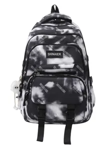 Zaino per studenti tie-dye in bianco e nero con tasche multiple e grazioso ciondolo in peluche.