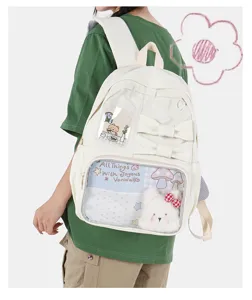 Wit schattige strik ita rugzak detail, transparant venster DIY schooltas voor studenten.
