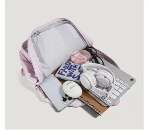Koreaanse roze gingham rugzak schattige schooltas grote capaciteit esthetische tas