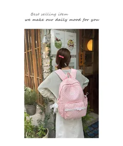 Pink polka dot backpack with delicate lace trim, ideal sweet style daily use and casual travel.