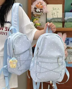 Detailed view of light blue polka dot backpack, featuring front zip pocket and cute design.