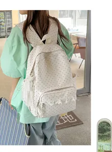 White polka dot backpack with sweet lace trim, casual daypack for school travel and daily use.