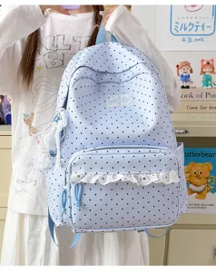 Light blue polka dot backpack with cute lace trim, student school bag and casual daypack.
