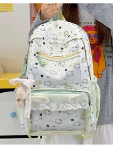 Zaino in tela con stampa di gatto carino, borsa scolastica stile dolce con ciondolo di peluche.