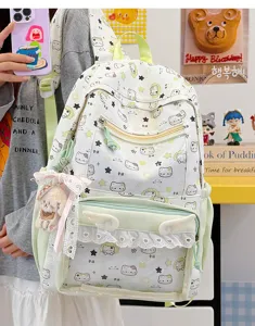 Vista dettagliata dello zaino con stampa di gatto e ciondolo in peluche dallo stile dolce.