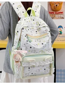 Zaino scolastico carino con stampa gatto cartone animato trasparente e ciondolo di peluche dolce.