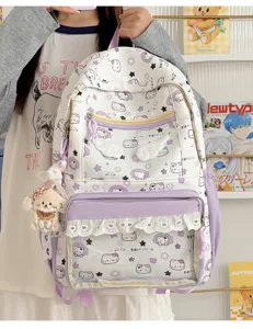 Zaino carino con stampa di gatto di cartone animato con tasca trasparente per uso quotidiano.
