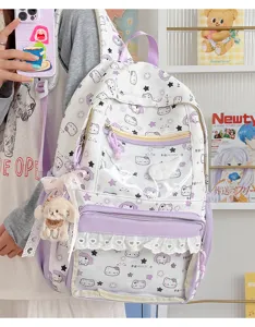Zaino scolastico carino con stampa gatto di cartone animato stile dolce con tasca trasparente