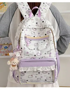Zaino scolastico carino con stampa di gatti kawaii leggero zainetto con tasca frontale trasparente.