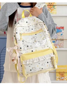 Zaino per studenti con stampa di gatto kawaii e tasca frontale trasparente, borsa scolastica.