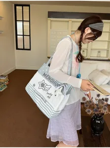 Casual student canvas tote bag, stylish shoulder bag with cute star and letter print.