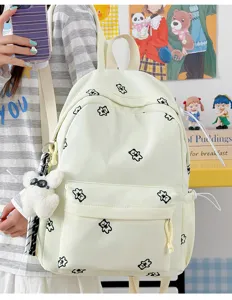 Cute cream canvas backpack with adorable bear embroidery, sweet style school bag for daily use.