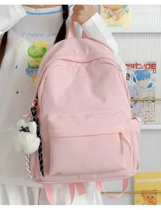 Cute pink backpack for women sweet style school bookbag with cute bear embroidery decor.