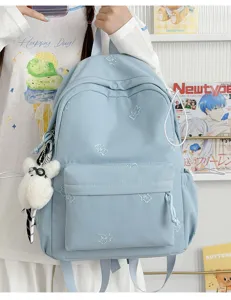 Sweet style light blue backpack with cute embroidered bears, perfect for daily travel!