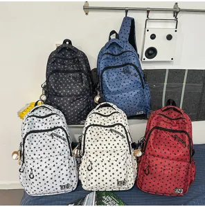 Casual streetwear star print canvas backpack for students, multi-compartment travel daypack.