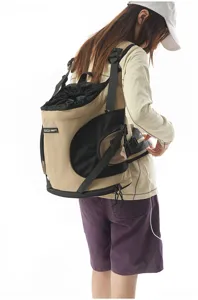 Outdoor pet carrier backpack detail shot, breathable mesh design, comfortable travel use.