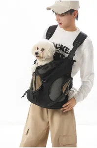 Detailed view of the breathable mesh pet chest backpack with comfortable straps for outdoor travel.