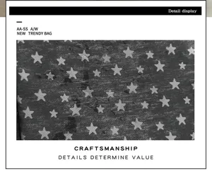 Retro street style couple backpack detail view showing durable star pattern fabric material.