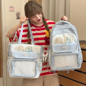 Cute Polka Dot Nylon School Backpack Large Capacity Student Bookbag With Transparent Front Pocket And Rabbit Ears