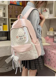 Pink polka dot backpack cute school bag for teenage girls casual daily campus travel bookbag