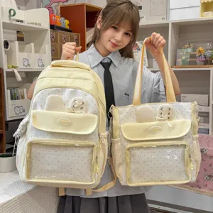 Cute milk yellow bunny ears canvas backpack and tote bag set with clear pocket for students