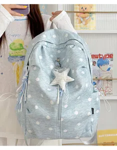Lichtblauwe rugzak met polkadots, schattige sterhanger en kwastje, zoete Koreaanse stijl dagrugzak.