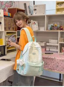 Sweet plaid star patchwork backpack with cloud pendant for cute student travel and daily use style.