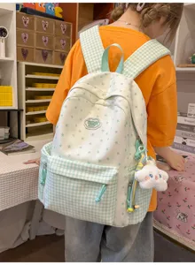 Green and white plaid star backpack for cute school girls, sweet daily casual travel bag.