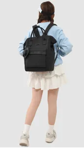 Black large capacity casual backpack for women, multi-pocket school bookbag travel daypack.