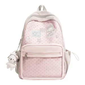 Sac à dos Ita japonais rose et gris avec une poche avant transparente et un pendentif.