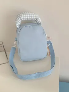 Light blue crossbody bag with checkered handle, cute casual student daily shoulder bag for women