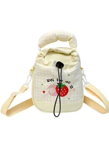 Japanese dopamine plaid crossbody bag, cute strawberry embroidery, portable student bag.